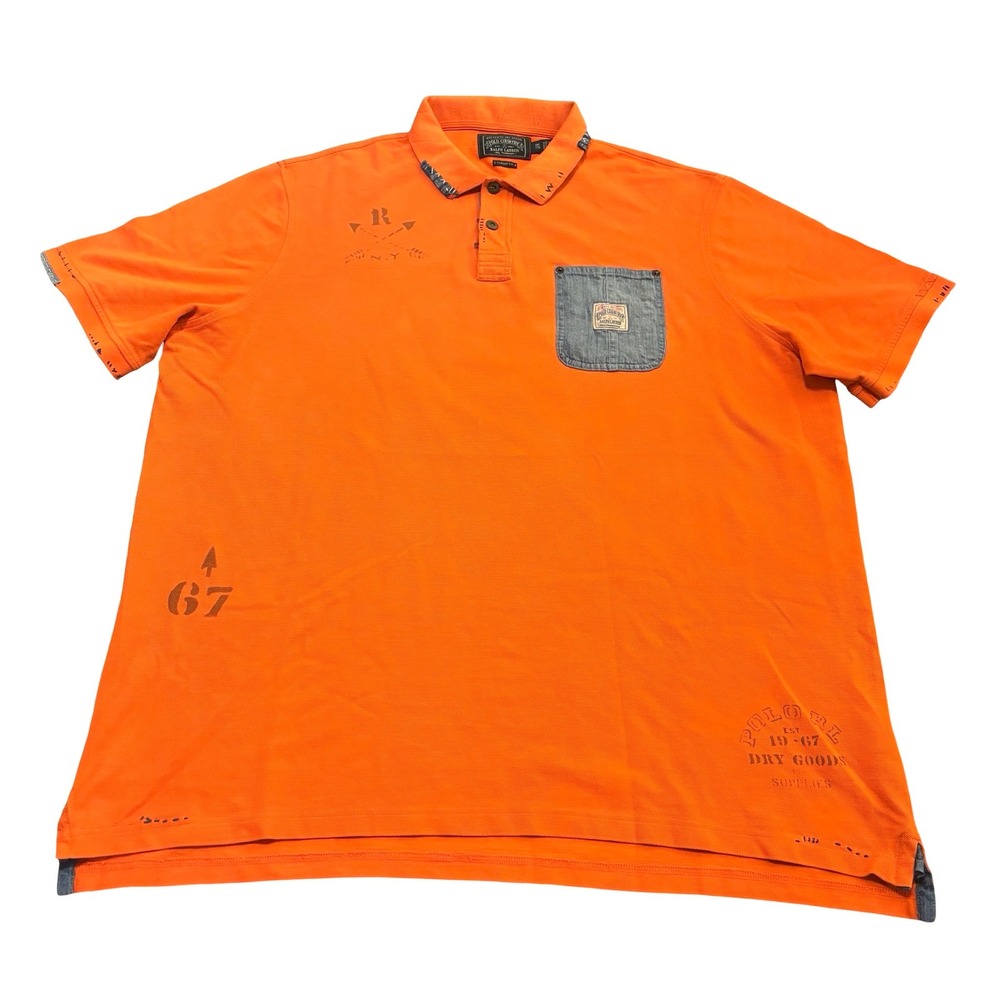 Polo Country Ralph Lauren Mens XXL Orange Eagle Graphic Denim Pocket Polo Shirt